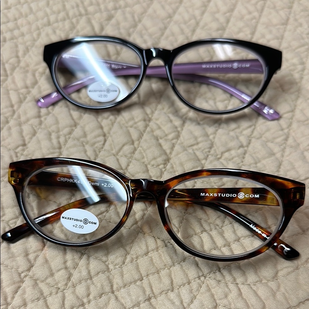 Max Studio Cheater/Readers 2.0. Fun cat eye frames.